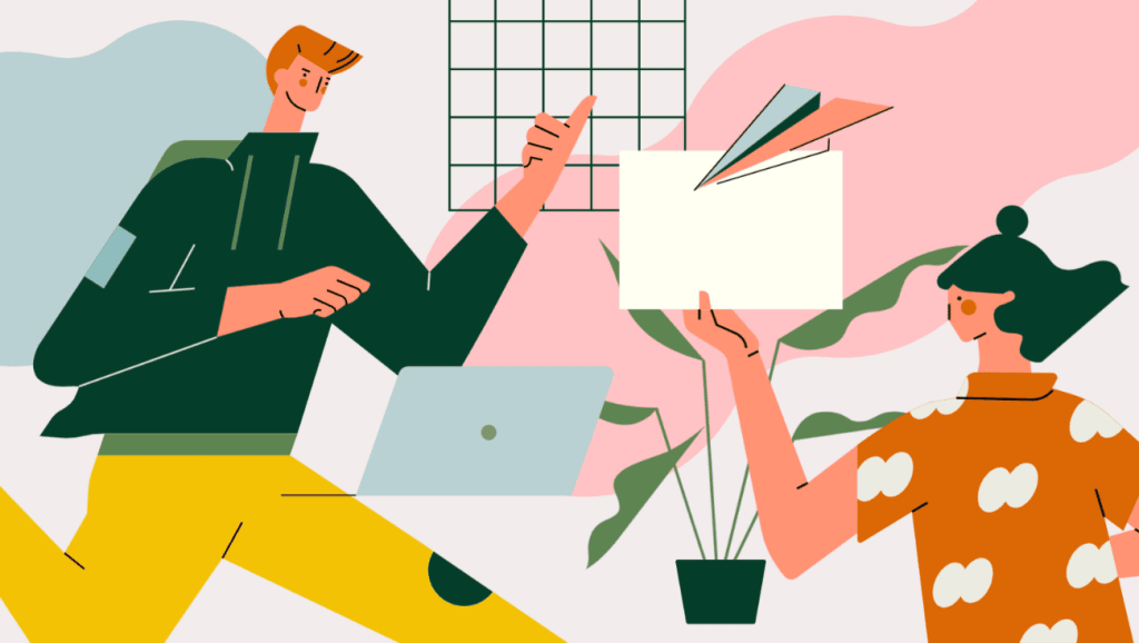 小园素纯手绘非 AI 蓝绿橙彩插画作品「工作灵感区」，包含人物、植物、物品元素，可商用