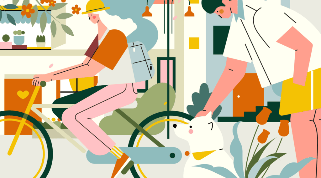 小园素纯手绘非 AI 蓝绿橙彩插画作品「日常」，包含人物、动物、植物、建筑元素，可商用