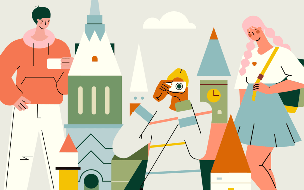 小园素纯手绘非 AI 蓝绿橙彩插画作品「城市指尖的记忆长廓」，包含人物、建筑元素，可商用