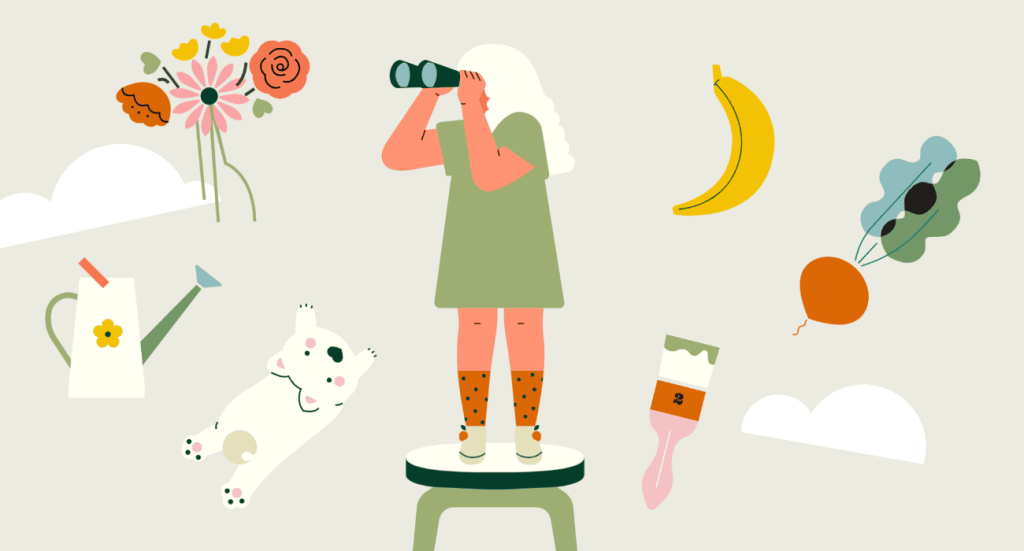 小园素纯手绘非 AI 蓝绿橙彩插画作品「独意准备日」，包含儿童、动物、植物元素，可商用