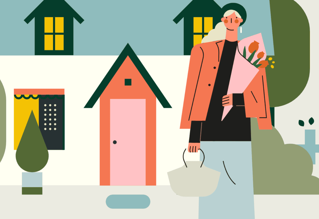 小园素纯手绘非 AI 蓝绿橙彩插画作品「履约」，包含建筑、人物元素，可商用