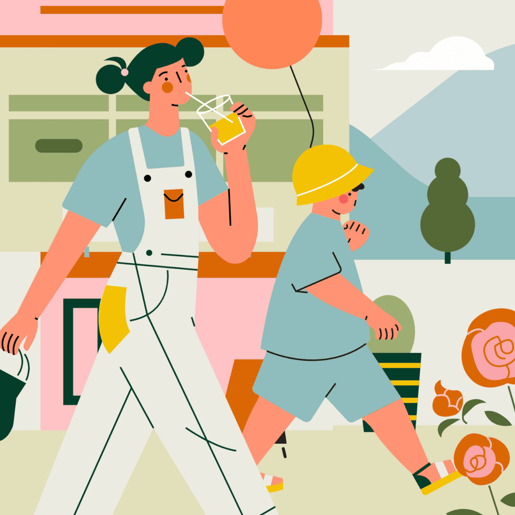 小园素纯手绘非 AI 蓝绿橙彩插画作品「橘子汽水和樱花步道的步行道」，包含人物、儿童、植物元素，可商用