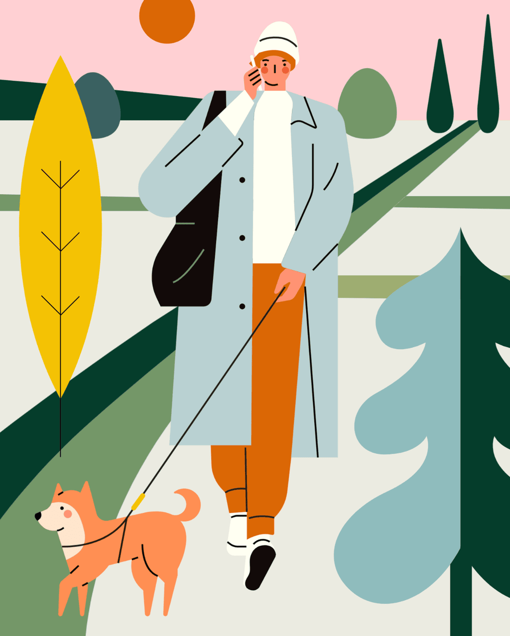 小园素纯手绘非 AI 蓝绿橙彩插画作品「原野和你」，包含人物、风景、动物元素，可商用