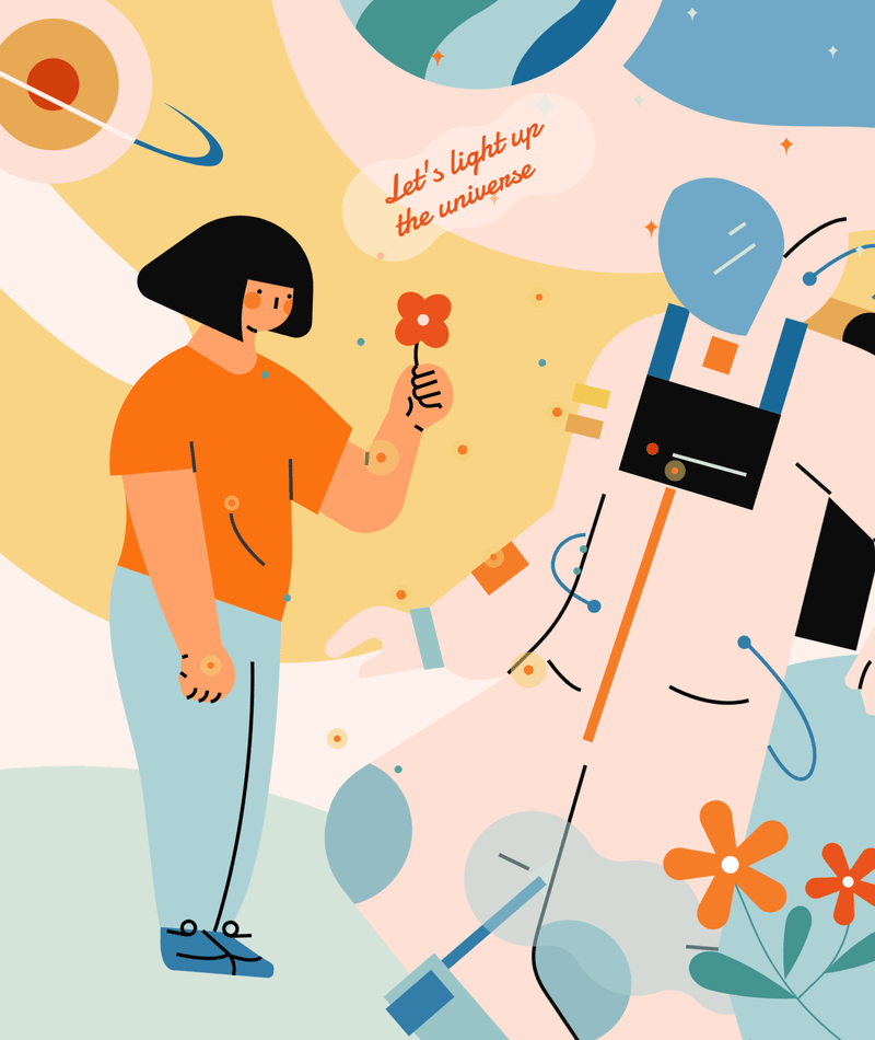 小园素纯手绘非AI氛围鲜亮橘蓝插画作品「点亮世界」，包含儿童、太空、背景图形、氛围、形状元素，可商用