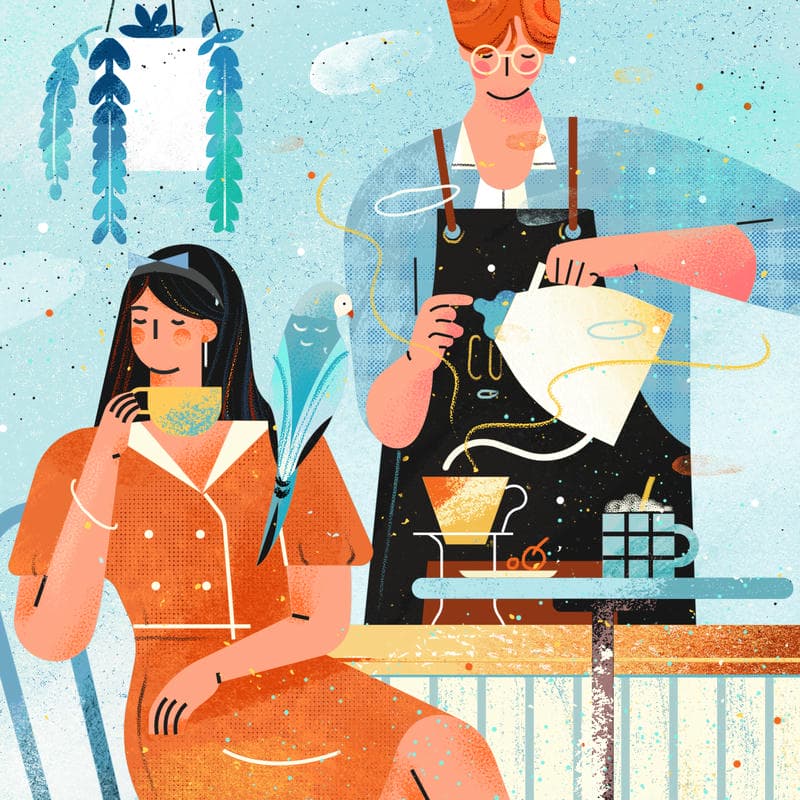 小园素纯手绘非AI氛围鲜亮橘蓝插画作品「咖啡屋」，包含人物、家居、陈设、动物元素，可商用