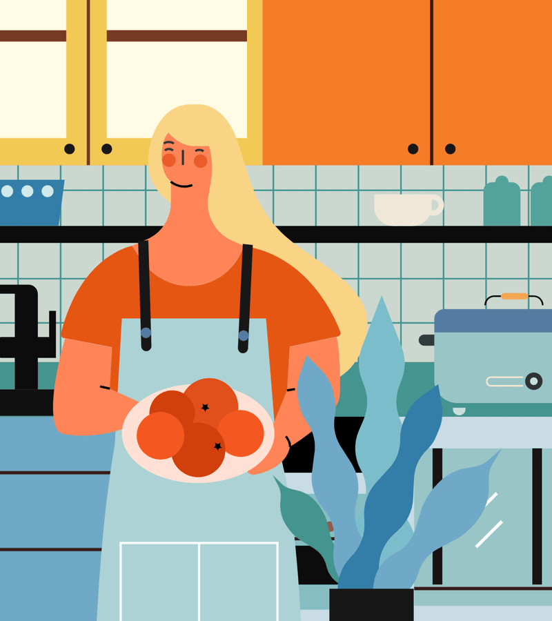 小园素纯手绘非AI氛围鲜亮橘蓝插画作品「愉悦厨房」，包含人物、家居、电器、植物元素，可商用