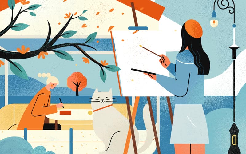 园素纯手绘非AI氛围鲜亮橘蓝插画作品「春日写生」，包含人物、建筑、动物、植物、氛围、背景图形元素，可商用