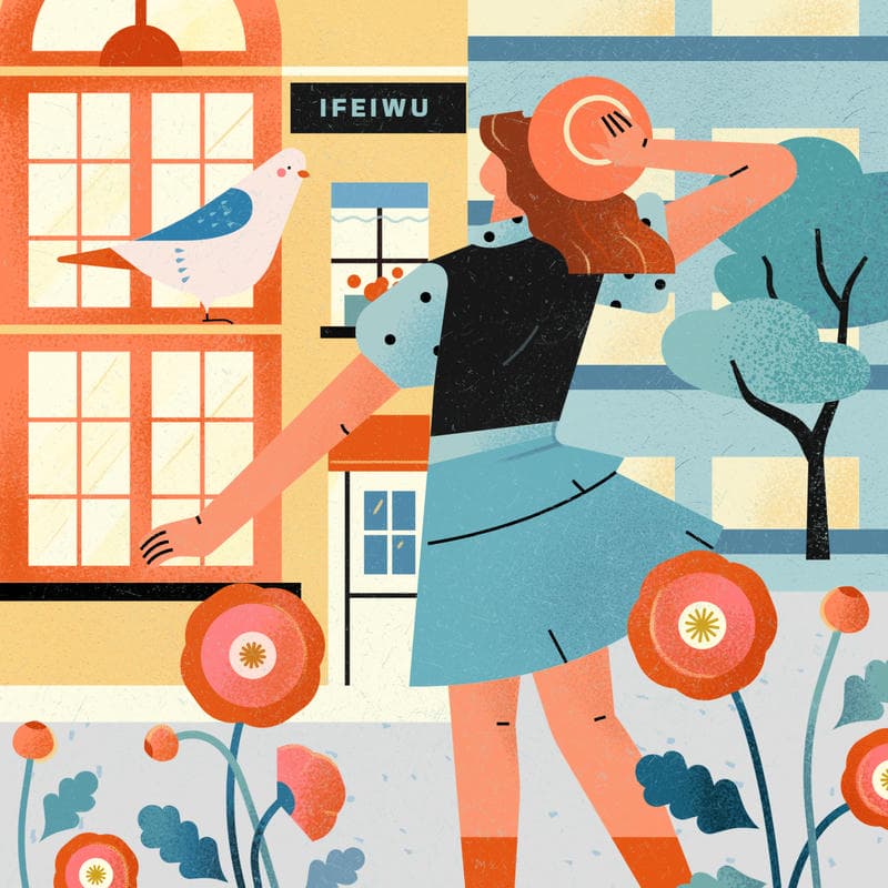 小园素纯手绘非AI氛围鲜亮橘蓝插画作品「和鸽子的相遇」，包含人物、动物、建筑、植物元素，可商用