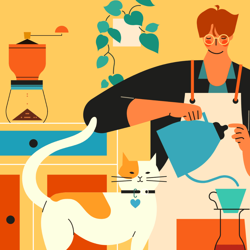 小园素纯手绘非AI氛围奶黄插画作品「咖啡未满」，包含家庭、人物、动物、餐饮元素，可商用