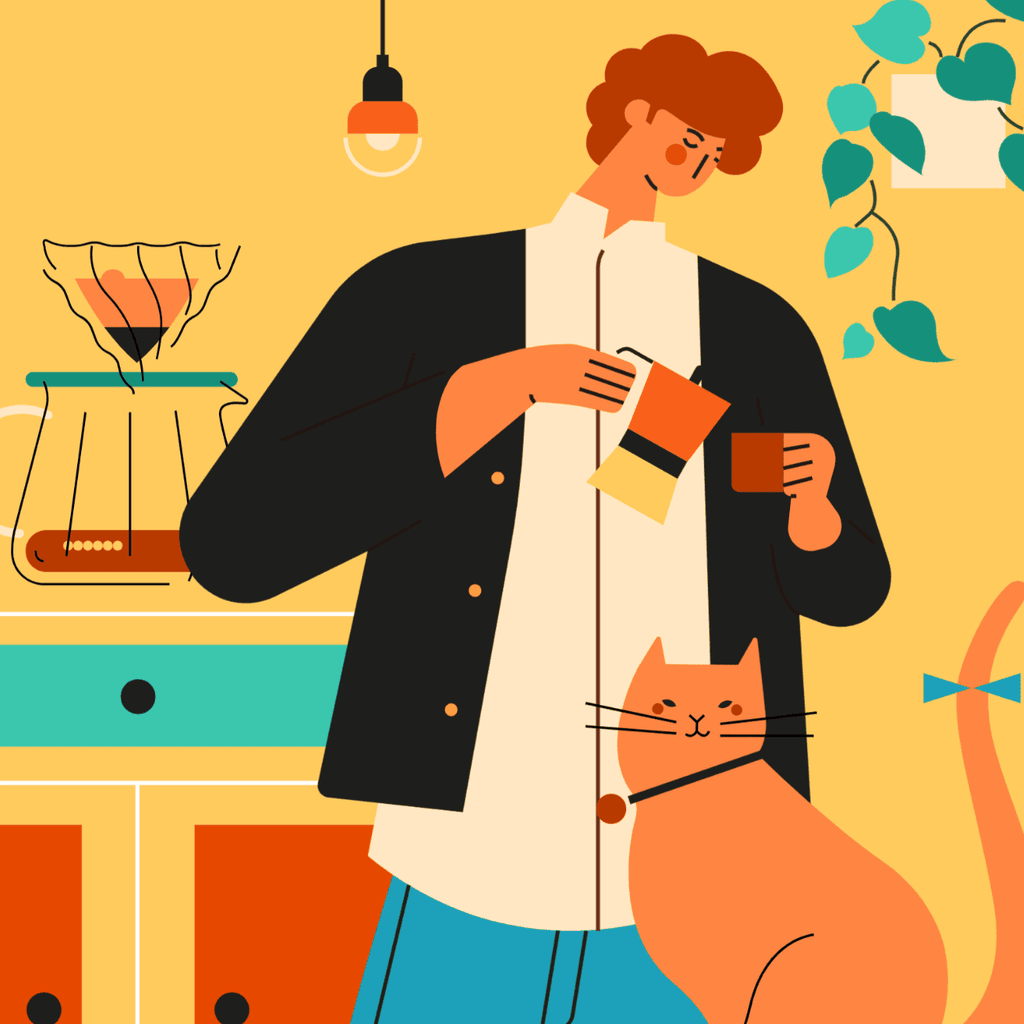 小园素纯手绘非AI氛围奶黄插画作品「咖啡未满②」，包含人物、动物、植物、餐饮元素，可商用