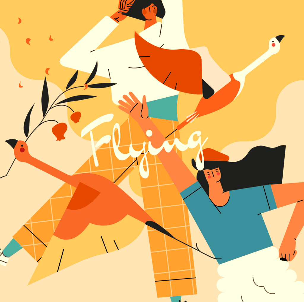 小园素纯手绘非AI氛围奶黄插画作品「飞翔」，包含人物、动物、植物元素，可商用