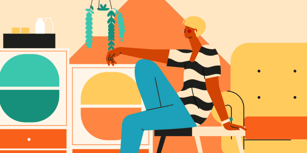 小园素纯手绘非AI氛围奶黄插画作品「休闲时间」，包含人物、家庭、陈设元素，可商用