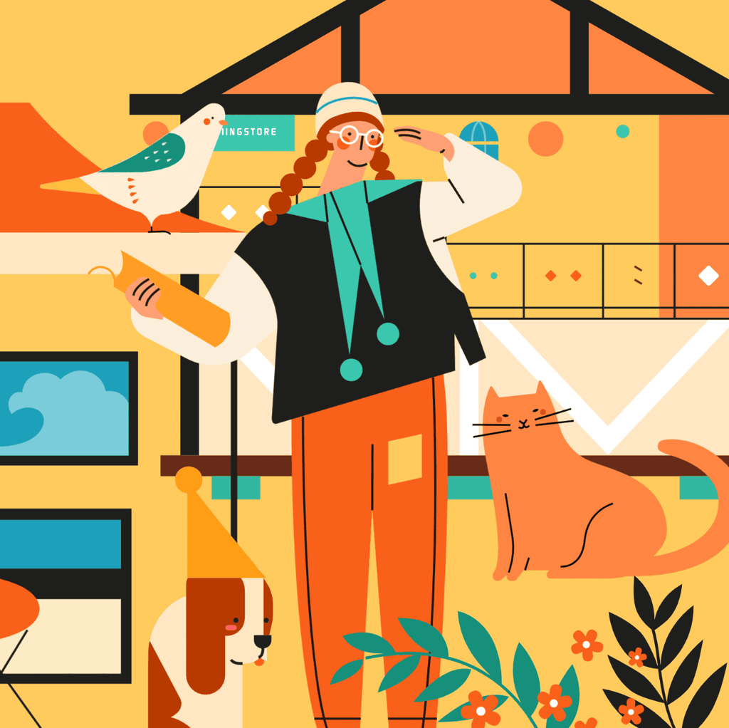 小园素纯手绘非AI氛围奶黄插画作品「春日来信」，包含人物、植物、氛围元素，可商用