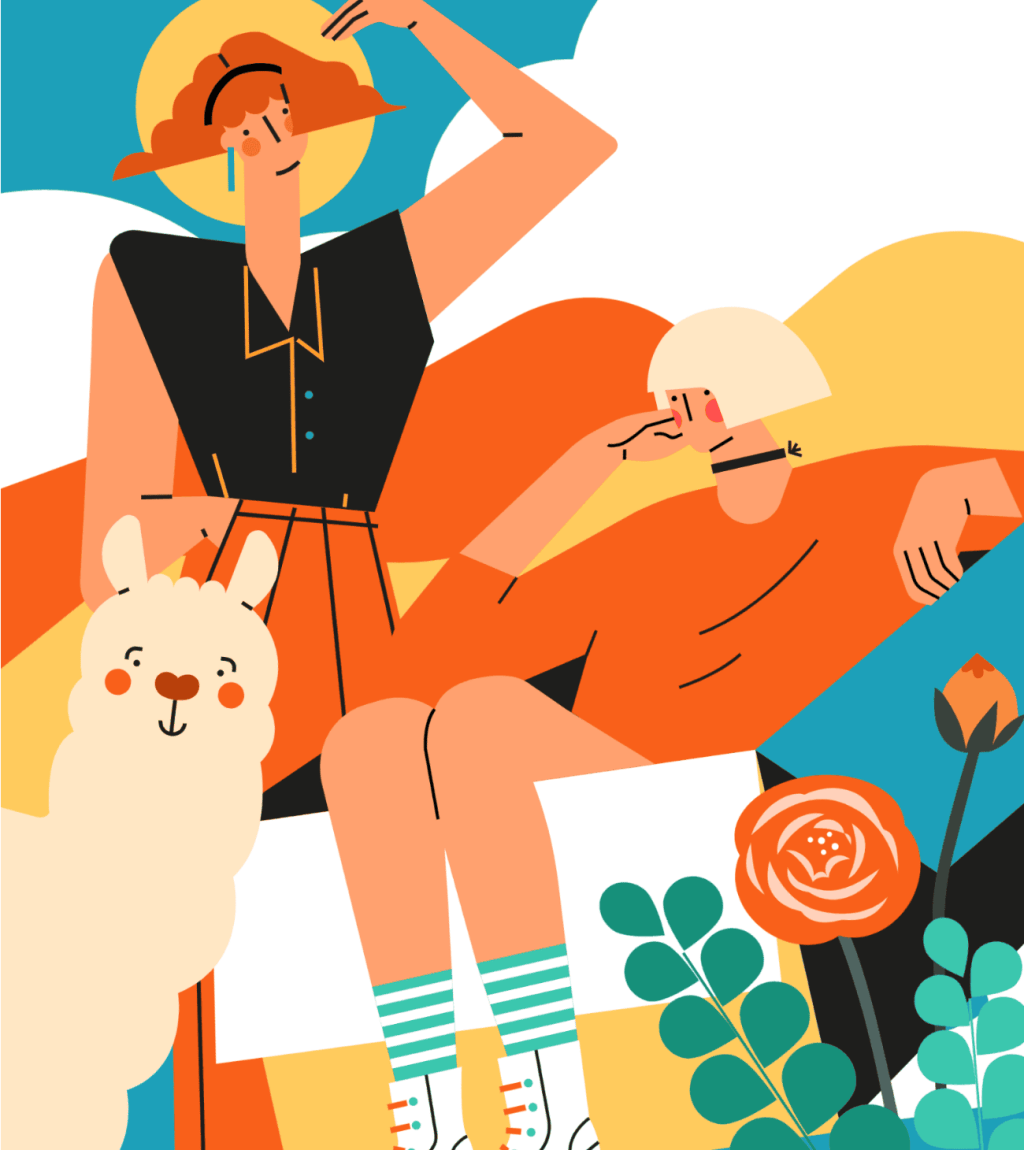 小园素纯手绘非AI氛围奶黄插画作品「暖阳与野花」，包含人物、动物、风景元素，可商用