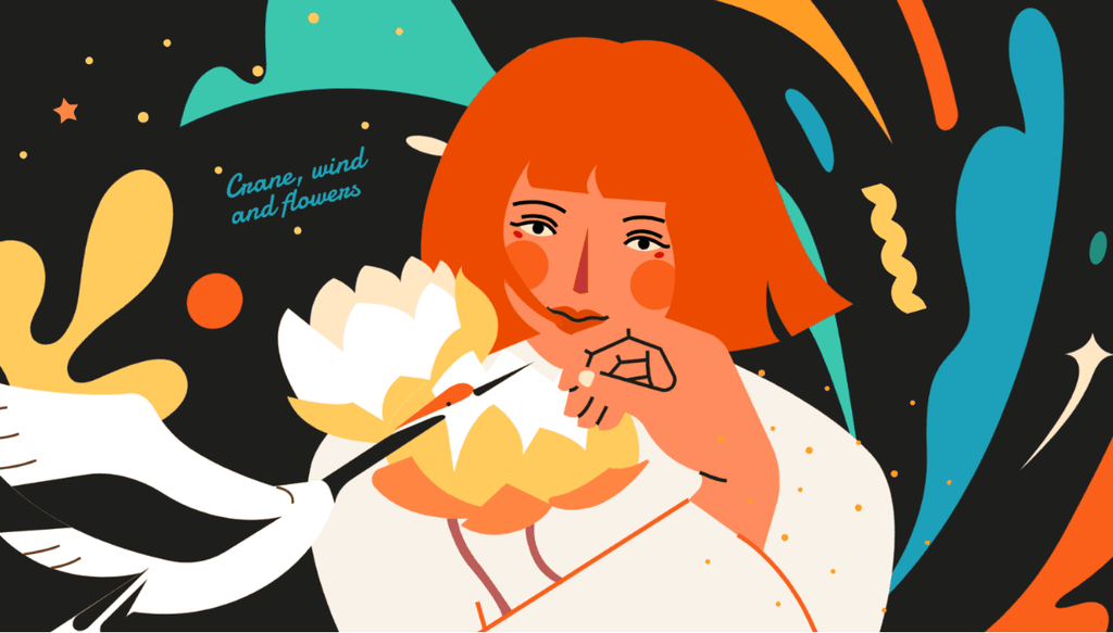 小园素纯手绘非AI氛围奶黄插画作品「飘、风与花」，包含肖像、动物、氛围元素，可商用