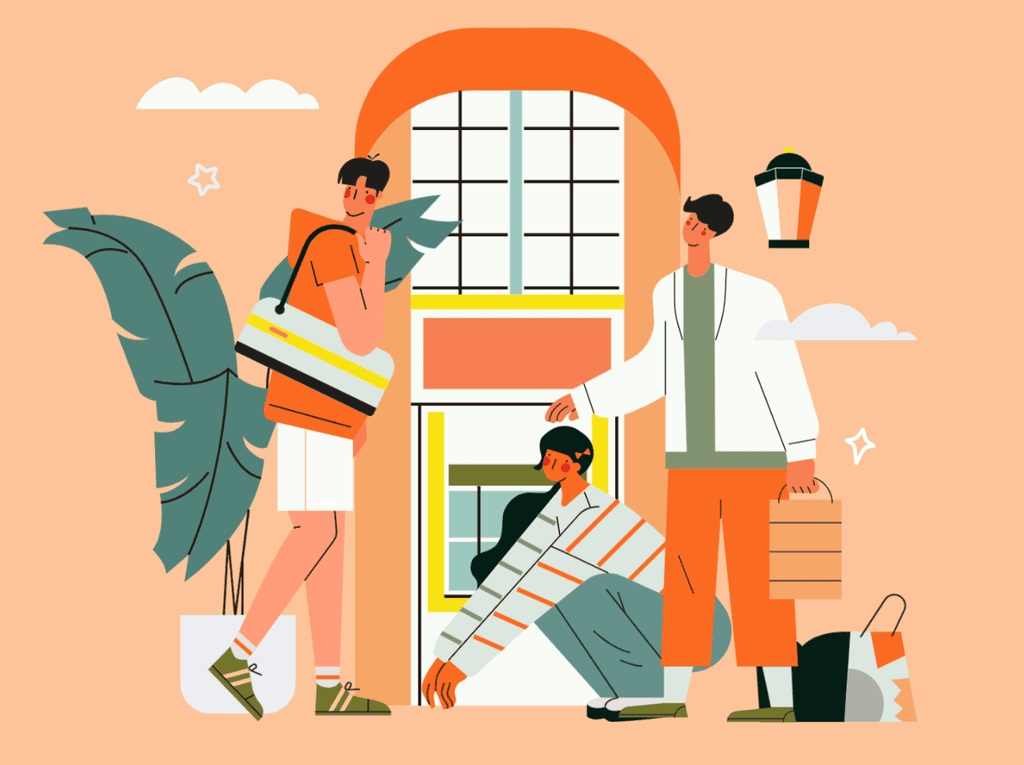 小园素纯手绘非 AI 温柔米橙插画作品「门前」，包含人物、建筑、植物元素，可商用