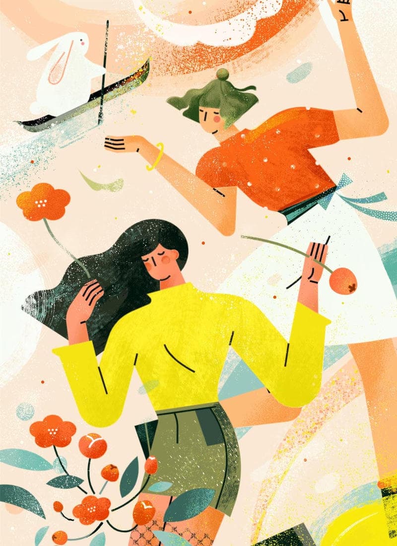 小园素纯手绘非 AI 温柔米橙插画作品「花境轻跃」，包含人物、动物、植物元素，可商用