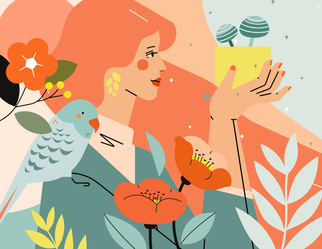 小园素纯手绘非 AI 温柔米橙插画作品「春日小暖」，包含肖像、动物、植物元素，可商用