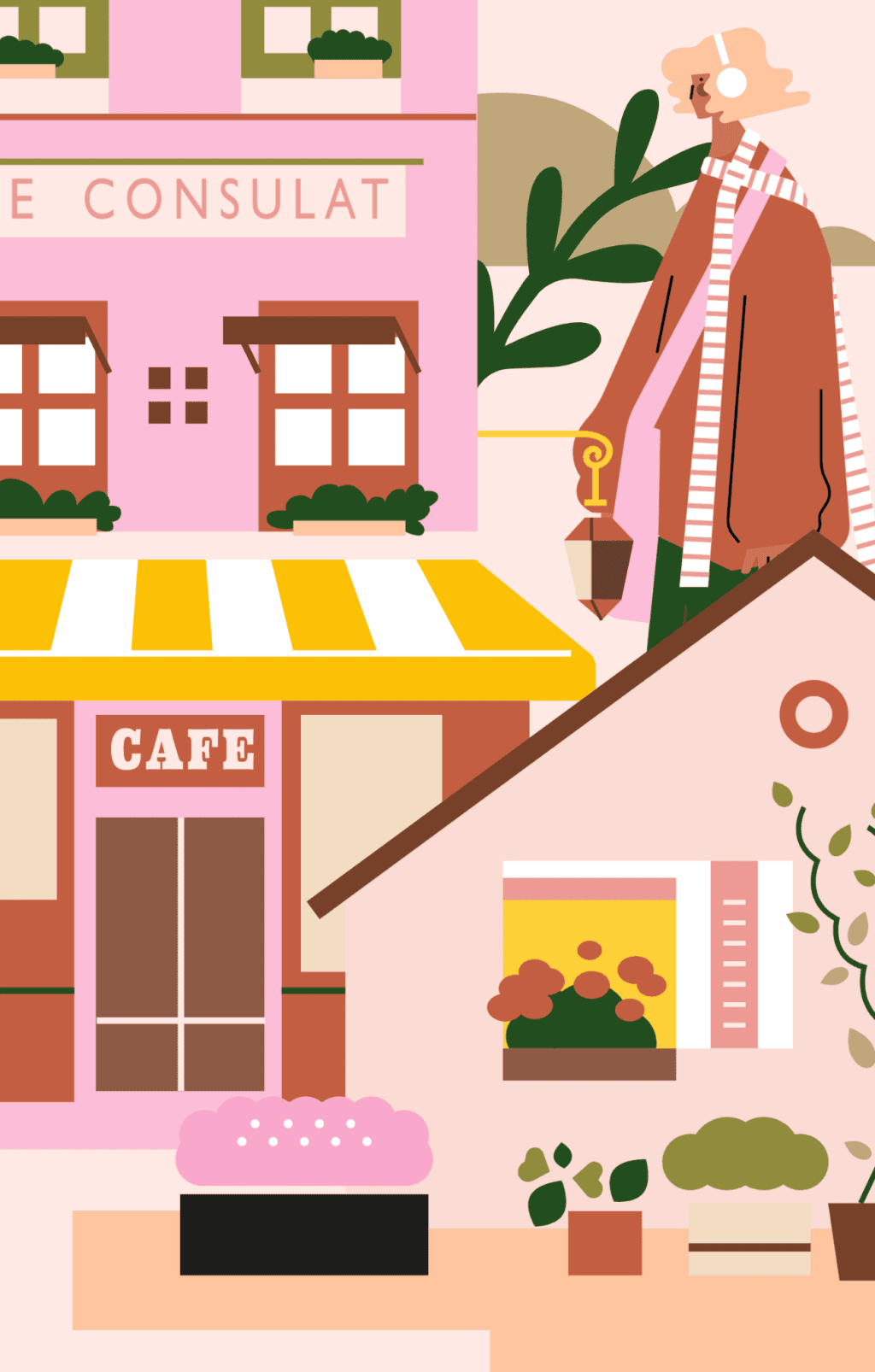 小园素纯手绘非 AI 蜜桃金粉插画作品「游园城市」，包含建筑、人物、植物元素，可商用