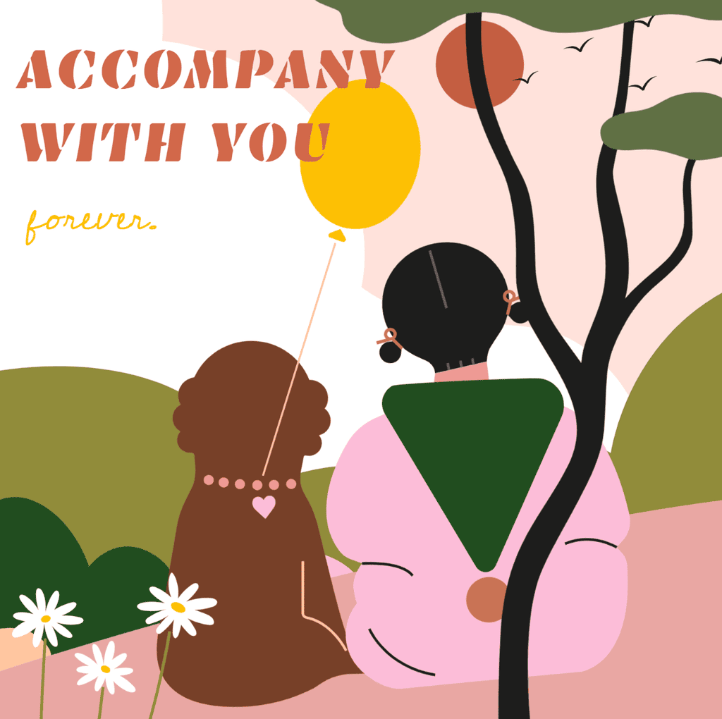 小园素纯手绘非 AI 蜜桃金粉插画作品「小相伴」，包含儿童、动物、植物元素，可商用