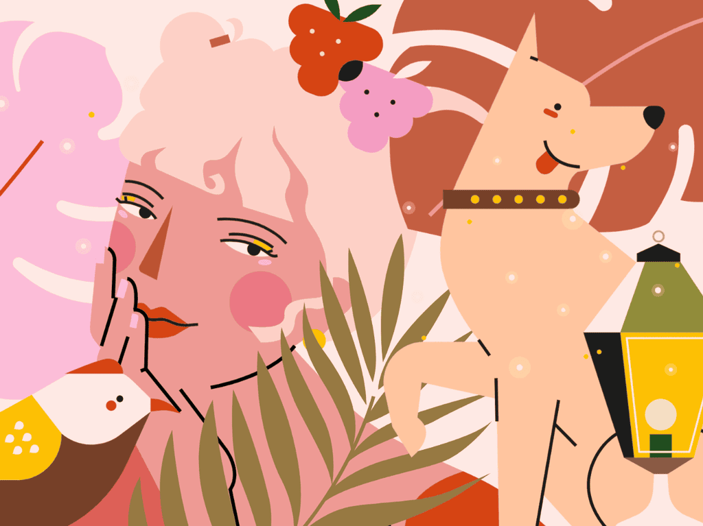 小园素纯手绘非 AI 蜜桃金粉插画作品「星火的滋味」，包含人物、动物、氛围元素，可商用