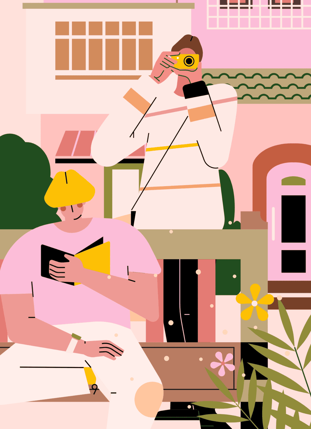 小园素纯手绘非 AI 蜜桃金粉插画作品「春风里的人在看你」，包含人物、植物、建筑元素，可商用