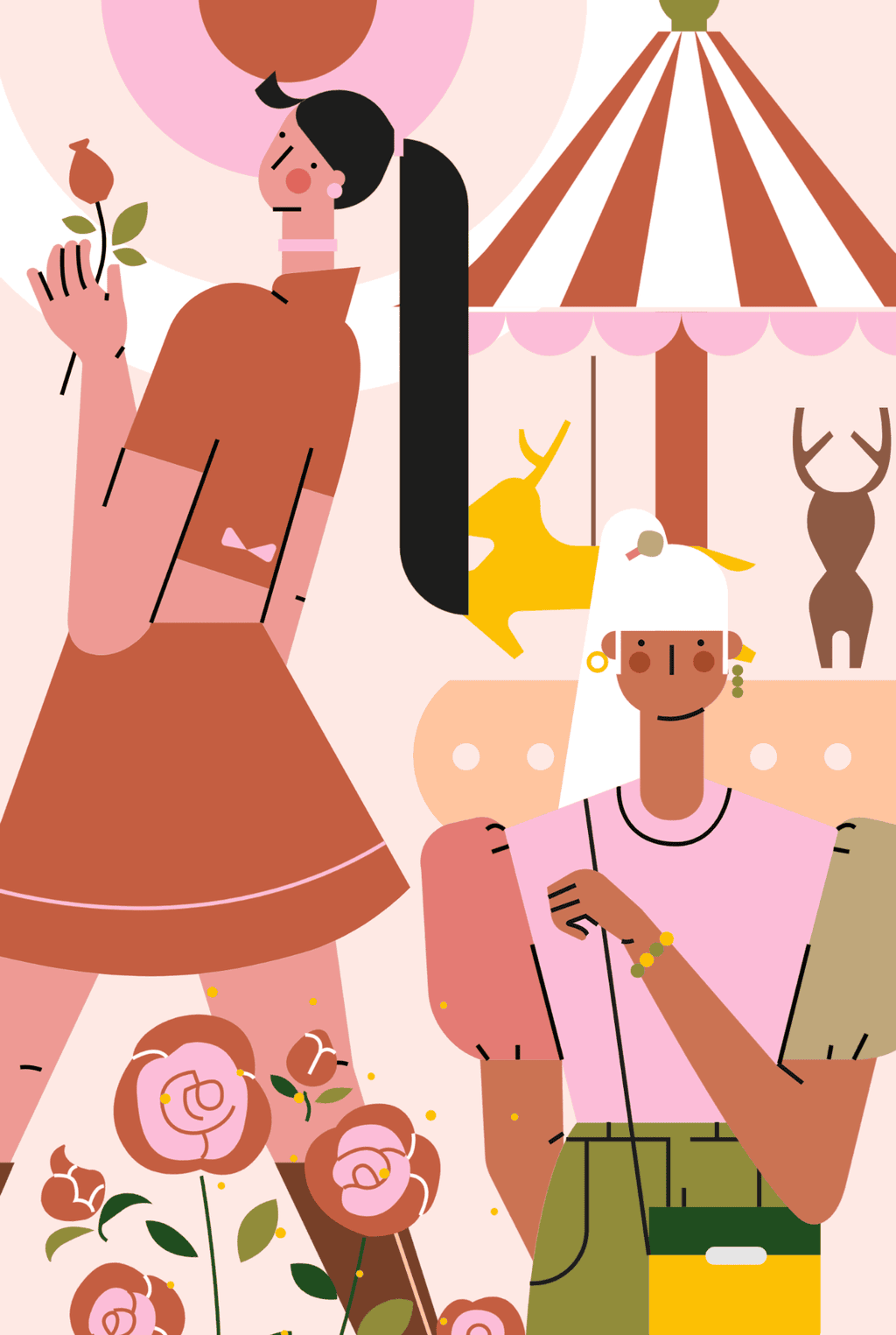 小园素纯手绘非 AI 蜜桃金粉插画作品「太阳的邀请」，包含人物、儿童、植物元素，可商用