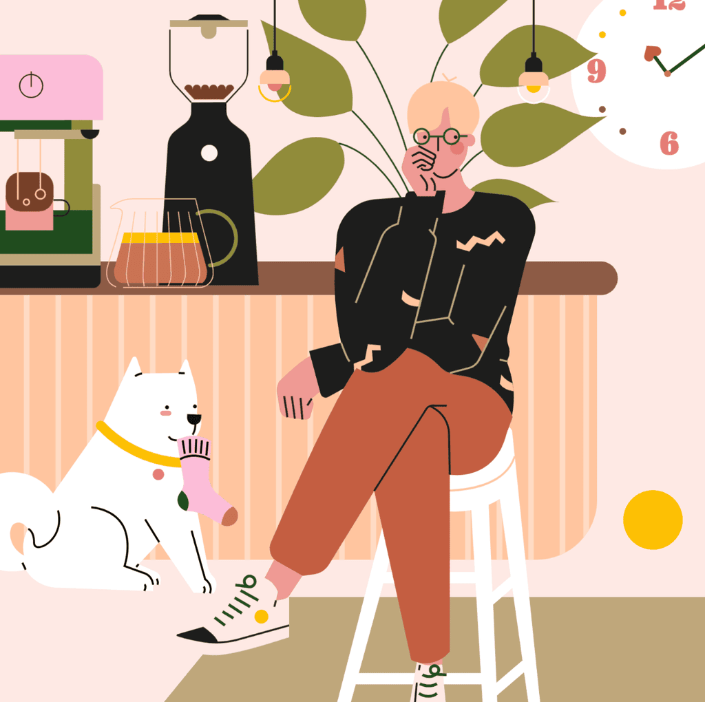 小园素纯手绘非 AI 蜜桃金粉插画作品「茶水间②」，包含人物、动物、餐饮元素，可商用