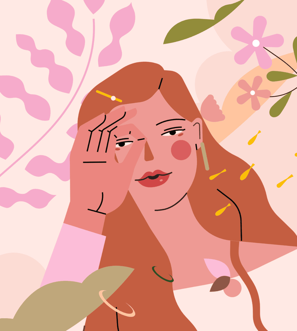 小园素纯手绘非 AI 蜜桃金粉插画作品「水中观②」，包含肖像、植物、氛围元素，可商用