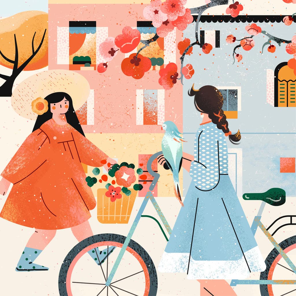 小园素纯手绘扁平风静涩奶蓝插画作品「花事」，包含人物、动物、建筑、植物元素，可商用