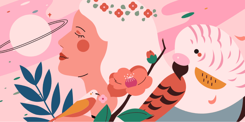 小园素纯手绘非 AI 甜粉橘绿插画作品「空幻花鸟」，包含肖像、动物、植物、太空元素，可商用