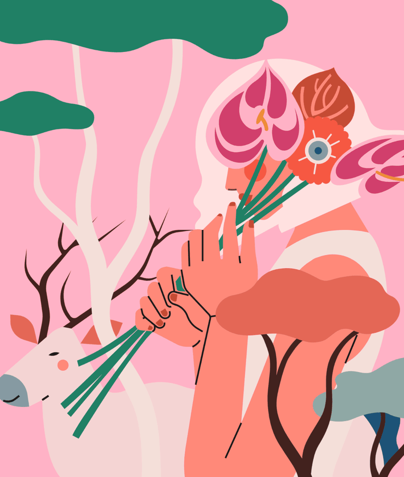 小园素纯手绘非 AI 甜粉橘绿插画作品「秘林」，包含肖像、植物、动物元素，可商用