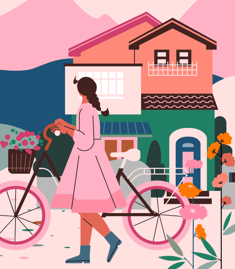 小园素纯手绘非 AI 甜粉橘绿插画作品「看风景的你」，包含人物、风景、植物、建筑元素，可商用