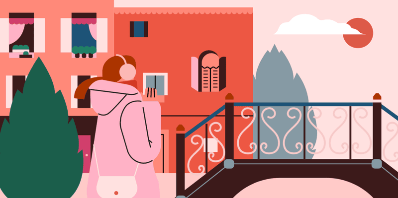 小园素纯手绘非 AI 甜粉橘绿插画作品「日落时分」，包含人物、建筑、植物、天气元素，可商用