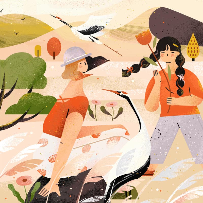小园素纯手绘扁平风奶咖暖橘插画作品「风归鹤&middot; Blooming Fun」，包含人物、动物、植物、背景图形元素，可商用