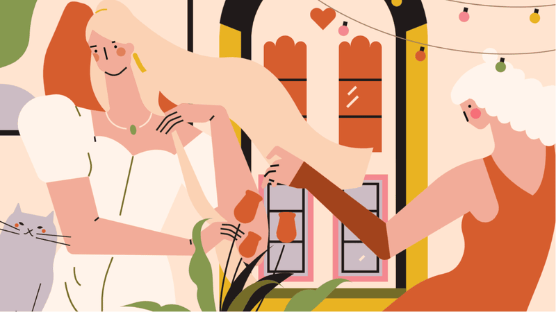 小园素纯手绘非 AI 奶咖暖橘插画作品「女孩的微光」，包含人物、建筑、动物、植物元素，可商用