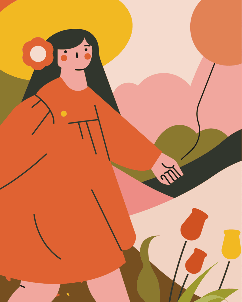 小园素纯手绘非 AI 奶咖暖橘插画作品「小红裙」，包含儿童、背景图形、植物、物品元素，可商用