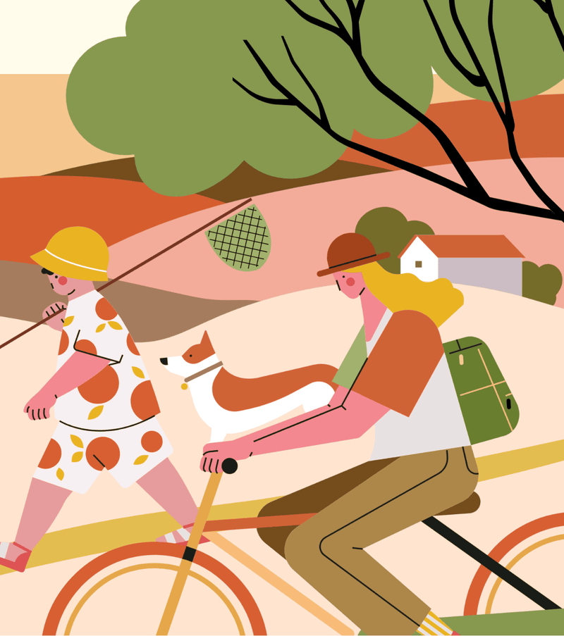 小园素纯手绘非 AI 奶咖暖橘插画作品「夏日小遇」，包含风景、人物、儿童、动物、植物元素，可商用