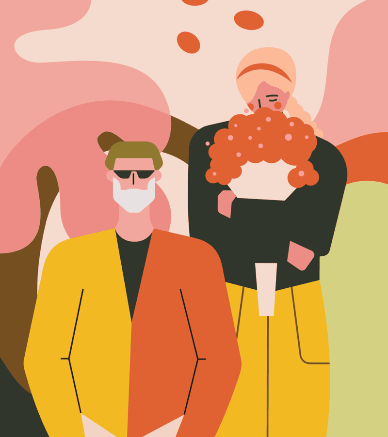 小园素纯手绘非 AI 奶咖暖橘插画作品「二人使」，包含人物、背景图形元素，可商用