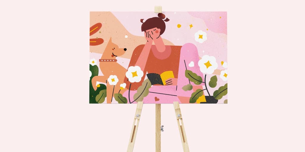 小园素纯手绘扁平风插画「阅读的时刻」肌理最终版，画面质感细腻，「蜜桃金粉」配色，可商用