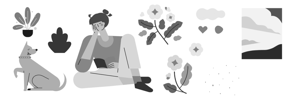 小园素纯手绘扁平风插画「阅读的时刻」的 SVG 元素展示，均来自小园素素材库，包含人物、动物、植物、纸张、形状、背景图形等元素，可编辑可商用