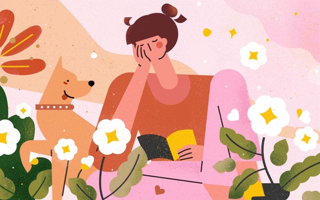 小园素纯手绘扁平风插画「阅读的时刻」肌理最终版，画面质感细腻，「蜜桃金粉」配色，可商用