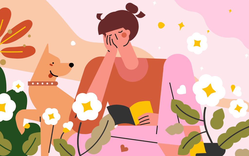 小园素纯手绘扁平风插画「阅读的时刻」矢量上色版，由小园素元素组合而成，「蜜桃金粉」配色，可编辑可商用