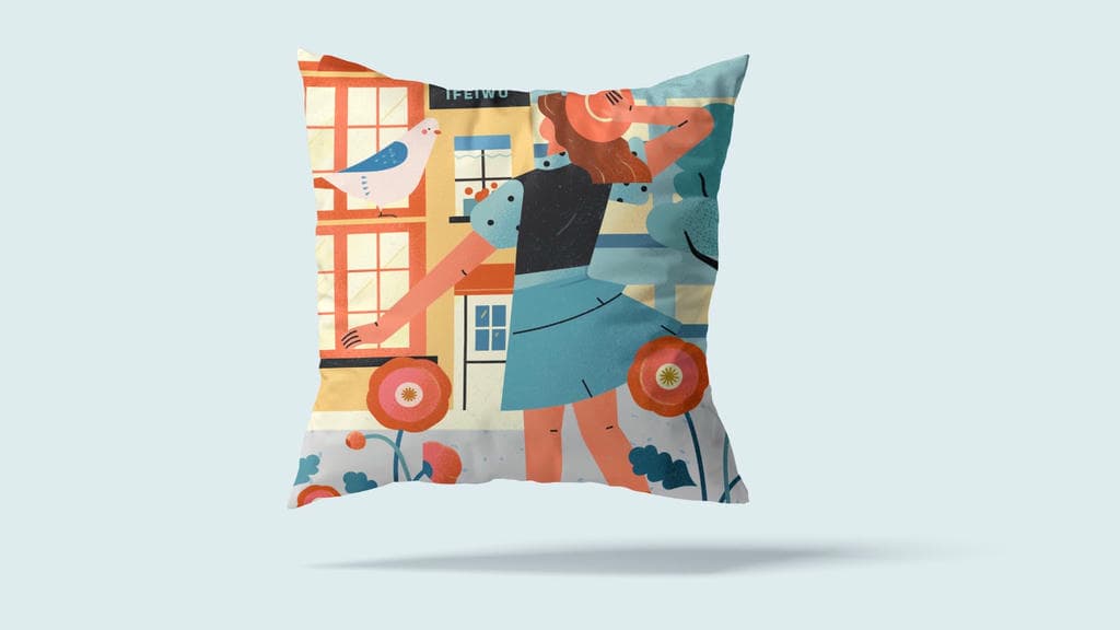 小园素纯手绘扁平风插画「和鸽子的相遇」商业应用展示，用于抱枕印花插画设计，可商用