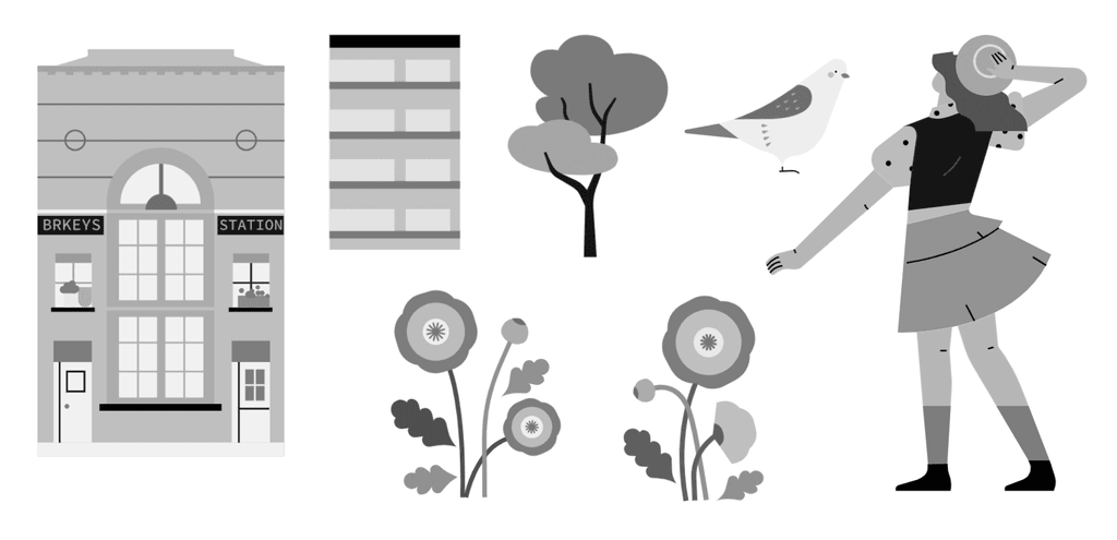 小园素纯手绘扁平风插画「和鸽子的相遇」的 SVG 元素展示，均来自小园素素材库，包含人物、动物、建筑、植物等元素，可编辑可商用