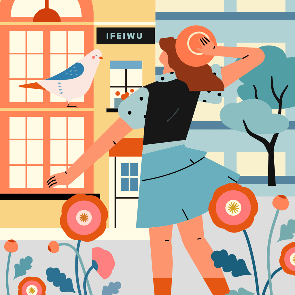 小园素纯手绘扁平风插画「和鸽子的相遇」矢量上色版，由小园素元素组合而成，「鲜亮橘蓝」配色，可编辑可商用