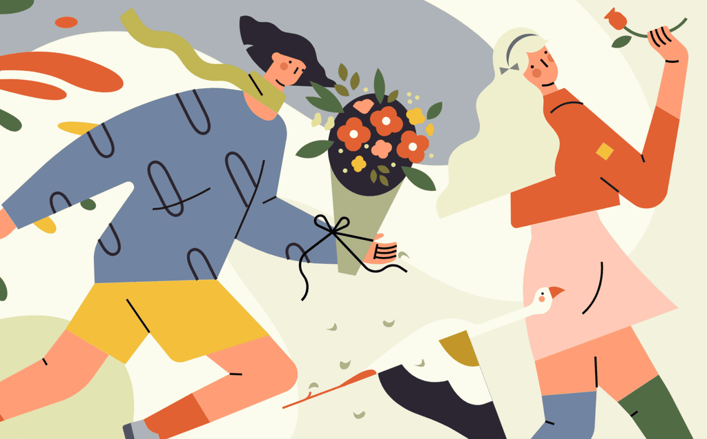 小园素纯手绘扁平风插画插画「花漾趣玩①・Blooming Fun」矢量上色版，由小园素元素组合而成，「光影尘墨绿」配色，可编辑可商用