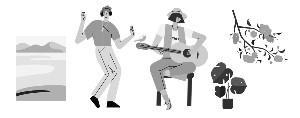 小园素纯手绘扁平风插画插画「和歌・Blooming Fun」的 SVG 元素展示，均来自小园素素材库，包含人物、植物、背景图形等元素，可编辑可商用