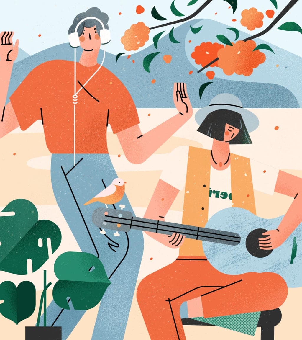 小园素纯手绘扁平风插画插画「和歌・Blooming Fun」肌理最终版，画面质感丰富，由「音乐人物、植物、风景」构成，可编辑可商用