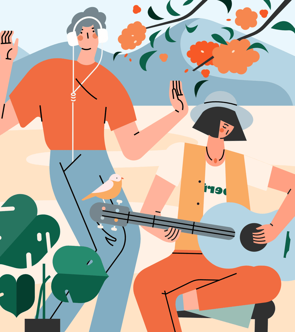 小园素纯手绘扁平风插画插画「和歌・Blooming Fun」矢量上色版，由小园素元素组合而成，「静谧奶蓝」配色，可编辑可商用